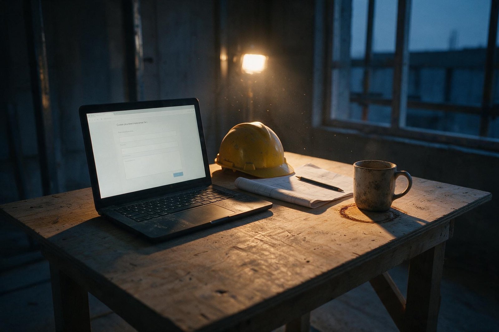 Laptop ajánlatkérő űrlappal és védősisak egy félkész épület ideiglenes irodájában, esti fényben