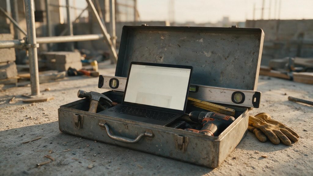 Nyitott építőipari szerszámosláda betonon, benne kalapács, vízmérték és egy nyitott laptop weboldallal