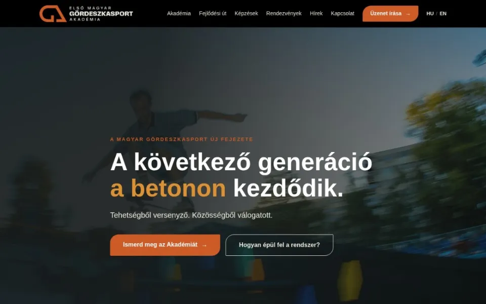 Első Magyar Gördeszkasport Akadémia weboldal – képernyőkép (emga.hu)