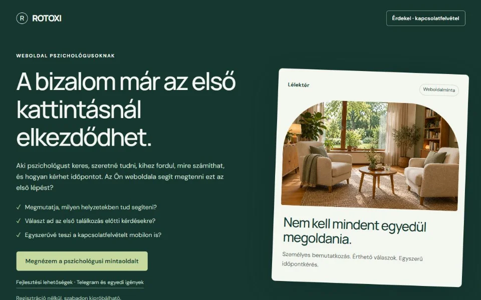 Pszichológusi weboldalminta – képernyőkép (rotoxi.io/pszichologus)