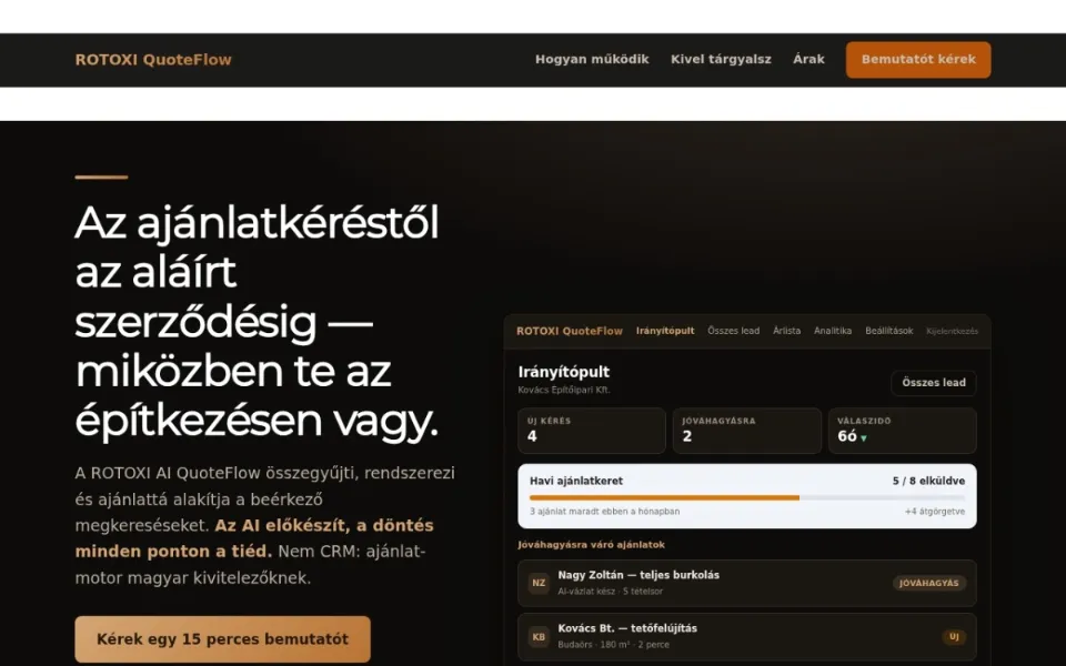 ROTOXI AI QuoteFlow landing oldal – képernyőkép (landing.rotoxi.com)